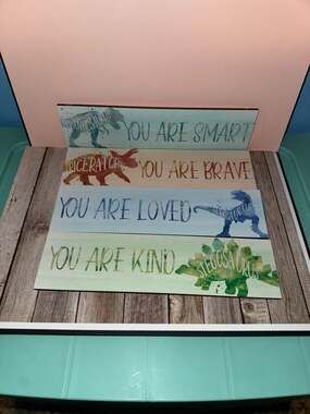 Set of 4 Dinosaur Inspirational Wooden Wall Art Plaque Decor for Kids Room